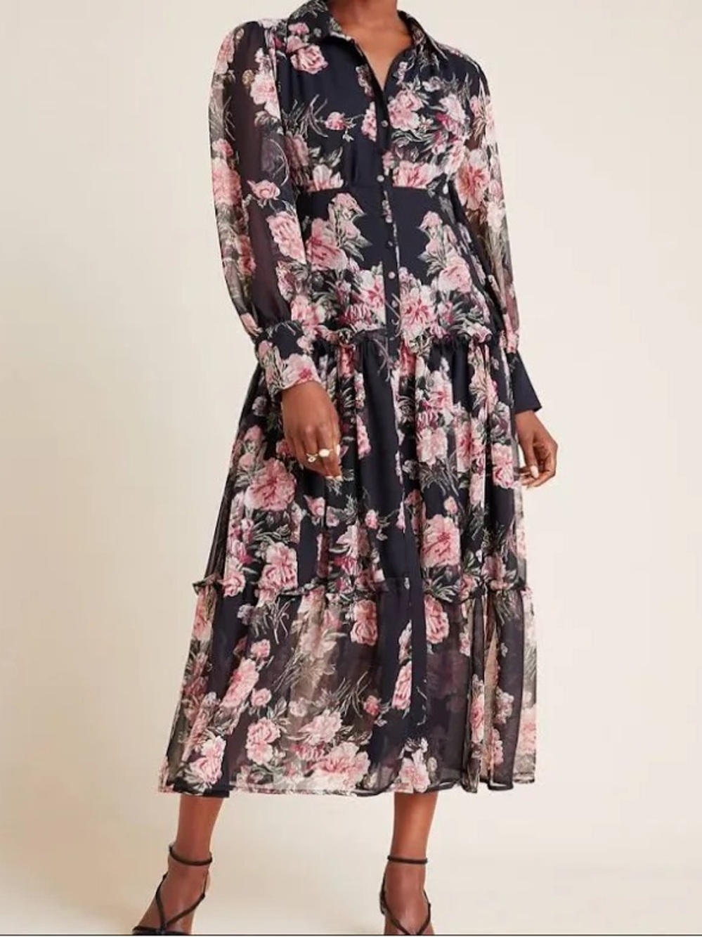 Bardot / Anthropologie Black Rose Sheer Sleeve Maxi Dress